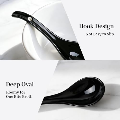 Image of DOWAN Soup Spoons, Ceramic Asian Soup Spoons, Black Japanese Spoon Large for Ramen Pho Wonton Dumpling Miso, Deep Oval Hook Design, Set of 4 (Black)