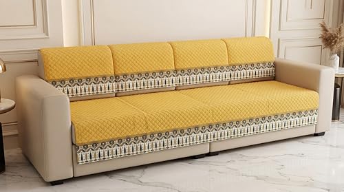 Image of KINGLY Sofa Cover 4 Seater Fully Covered | Stretchable Anti-Slip Slipcover | Washable Furniture Protector | Mustard Yellow | Set of 2 | Seat & Back |