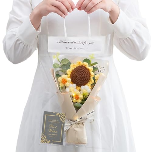 siawadeky ひまわり花束 おしゃれ かぎ針編み 手作り 向日葵ブーケ 枯れない花 アートフラワー 毛糸の花束 かわいい ニット造花 ハンドメイド 人工観葉植物 インテリア飾り 誕生日 記念日 プレゼント 梱包材付き