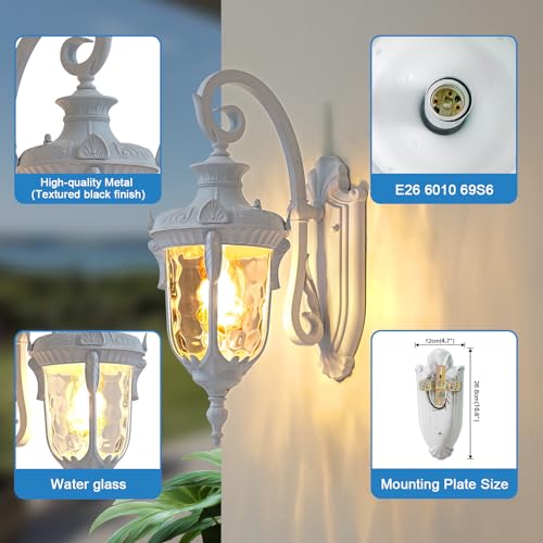 Outdoor Wall Lights, Waterproof Aluminum Porch Wall Light for Outside House, Patio, Yard, Garden, White Gooseneck Exterior Wall Sconce, Hardwired Outdoor Acorn Shape Lantern Lamp, Water Ripple Glass