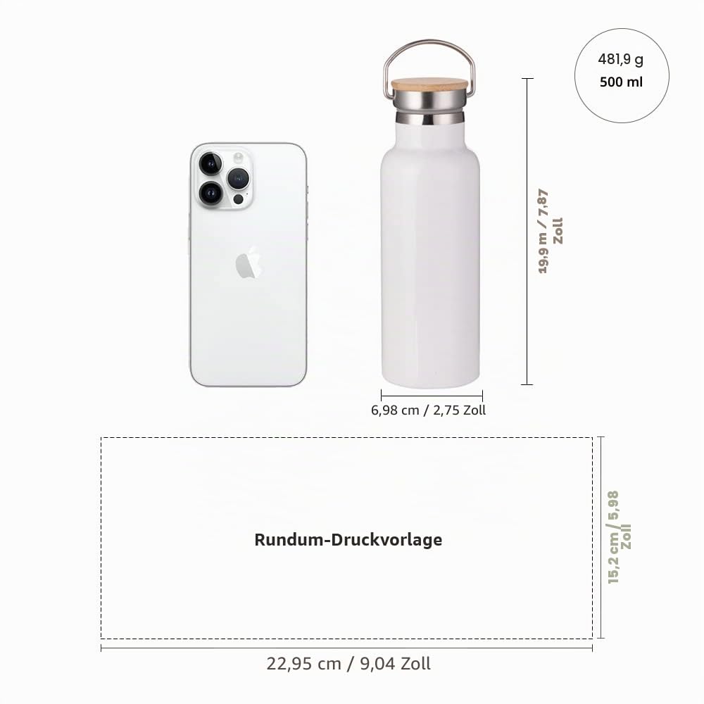 PYD Life Sublimationswasserflasche, Rohlinge, weiß, 480 ml, Edelstahl, Sportflasche, Vakuumflasche mit Bambusdeckel für Becher, Wärmepresse, Sublimationsdruck, 4 Stück
