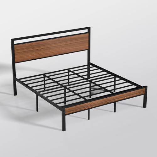 Image of Z-hom King Metal Bed Frame with Wooden Headboard and Footboard, Heavy Duty Platform Frame with Metal Slats, No Box Spring Needed, Quiet and Non-Slip Design, Space Saving Bed Frame for Bedroom,Walnut