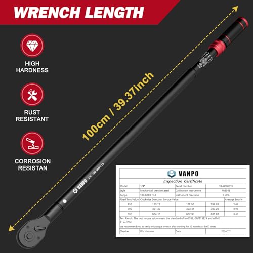 Image of VANPO 3 /4-inch Drive Click Torque Wrench, 100-650Ft-Lb /135.5-880.8Nm, | Industrial Adjustable Torque Wrench Set with a Hex Key for Oil Rigs, Trucks & Off-Road Equipment