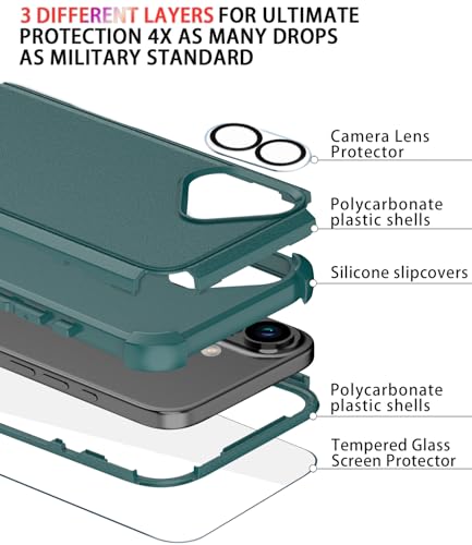 Image of Diverbox for iPhone 16 Plus Case [Shockproof] [Dropproof] [Tempered Glass Screen Protector + Camera Protectors] Heavy Duty Protection Phone Case Cover for Apple iPhone 16 Plus (Dark Green)