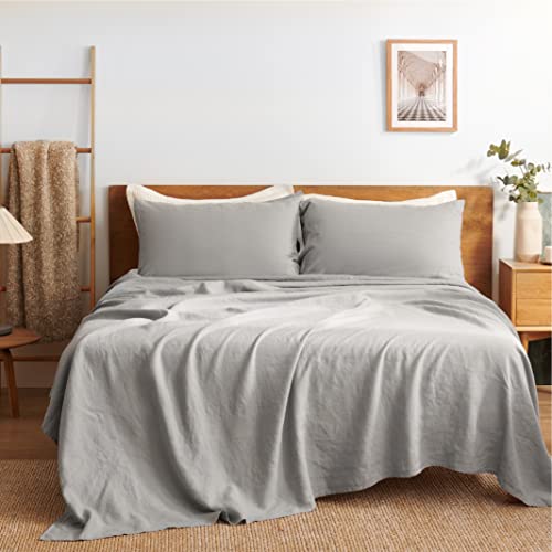 Bedsure Linen Sheets Set Queen Size - 100% Linen Bed Sheets Deep Pocket Sheets, Breathable Bedding Set, Washed French Linen Sheet ( Grey, 90"x102" )