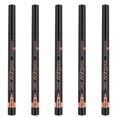 essence eyeliner pen extra long-lasting, Nr. 010, Schwarz, langanhaltend, definierend, farbintensiv, vegan, wasserfest, ohne Mikroplastikpartikel, ohne Parfüm, 5er Pack (5x1.1ml)