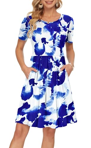 AUSELILY Women's Summer Dresses Casual Short Sleeve Pleated Loose Swing Dress with Pockets Knee Length Blue White Flowers S