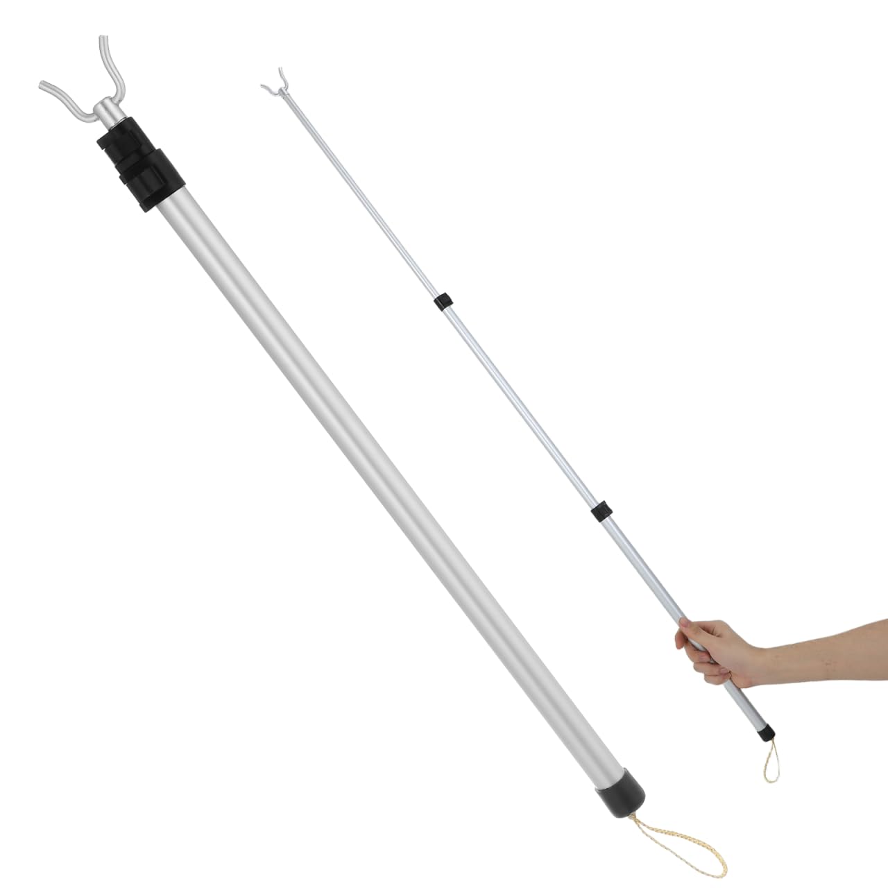 Extendable Wardrobe Hook Pole, Adjustable 49in Closet Reacher Stick, Lightweight Aluminum Clothes Hanger Retriever for High Reach (Silver)