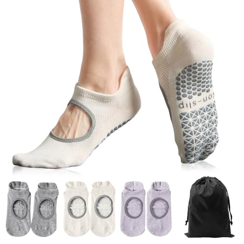 Image of Women's Grip Socks with Straps - 3 Pairs Non Slip Socks for Pilates, Yoga, Ballet & Barre Dance