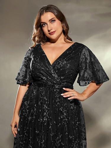Image of Plus Size Women's V Neck Ruffles Flutter Sleeve Embroidered Lace A Line Maxi Dress for Wedding Party Evening