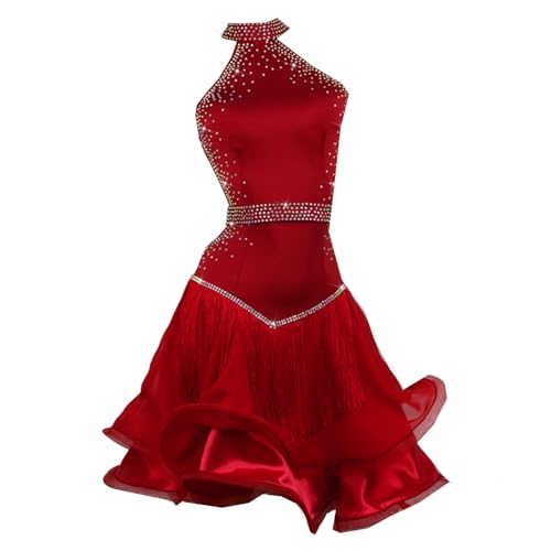 CHAGME Red Off-The-Shoulder Diamond-Studded Latin Dance Dress Women's Competition Performance Mesh Skirt,M, Medium, White