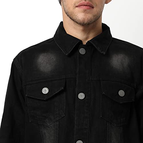 Image of Campus Sutra Men's Dark-Washed Black Regular Fit Denim Jacket For Winter Wear | Collared Neck | Full Sleeve | Buttoned | Casual Denim Jacket For Man | Western Stylish Denim Jacket For Men