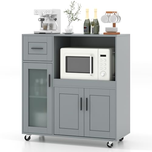 GOFLAME Rolling Kitchen Island Cart on Wheels, Mobile Kitchen Cart with Drawer, Open Shelf and Glass Door Cabinet, Microwave Stand Cart, Portable Kitchen Island for Kitchen, Dining Room, Grey