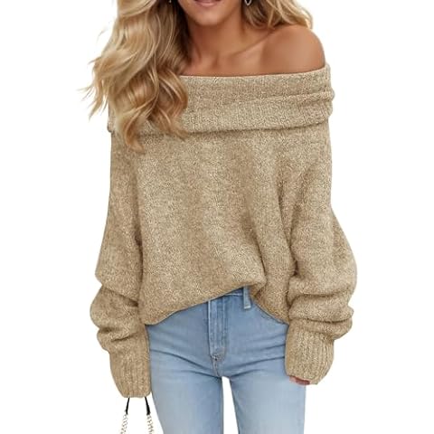 Saodimallsu Womens Off The Shoulder Sweaters Long Sleeve Slouchy Knitted Casual Loose Fall Trendy Pullover Tops Khaki Cover