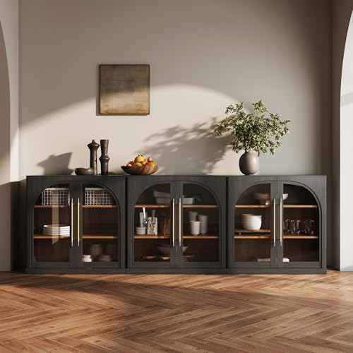 Image of BELLEZE Set of 3 Modular Sideboard with Arched Glass Door, 97'' Accent Display Buffet Cabinet with Storage and Adjustable Shelves,Classic Modern Credenza for Living Room Kitchen Entryway (Ebony)