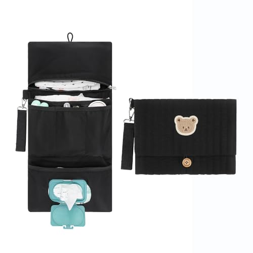MOMIGO Baby Diaper Bag Organizer Pouches - Waterproof Pod Foldable Diaper Organizer Set, Cute Bear Bag Gift for Baby Shower (Black)