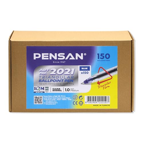 Image of PENSAN Blue Ballpoint Pens,1.0 mm Medium Point, Blue Pens, Ergonomic Triangle Grip, Smooth Writing, 150-Count Pack of Bulk Pens