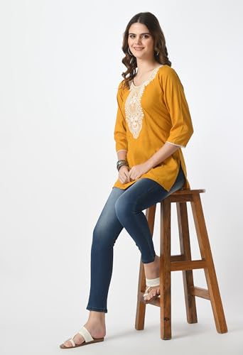 Image of LIBOZA Short Kurti for Women - Lakhnowi Chikankari Embroidered Ladies Kurta, Stylish Girls Top, Ethnic Half Kurtas, Tunic Design Woman Kurtis