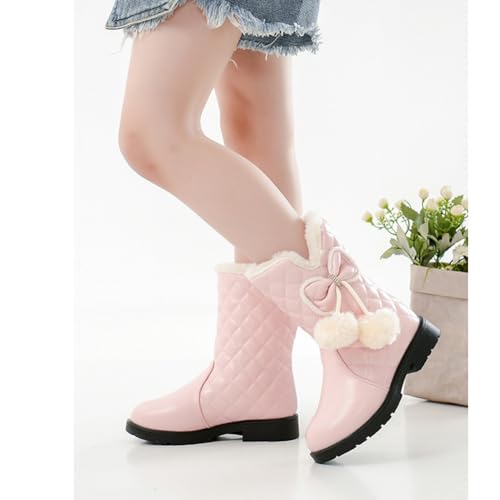 Girls Winter Mid-Calf Leather Warm Fur Boots Bowknot Rhinestone Princess Booties4