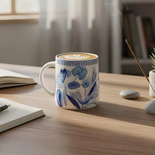 Image of Miah IndigoBloom Ceramic Cup Set - Set of 2 | 10.16 cm x 6.85 cm x 8.89 cm | Handcrafted Coffee & Tea Mugs | Microwave & Dishwasher Safe | Elegant Blue Floral Design