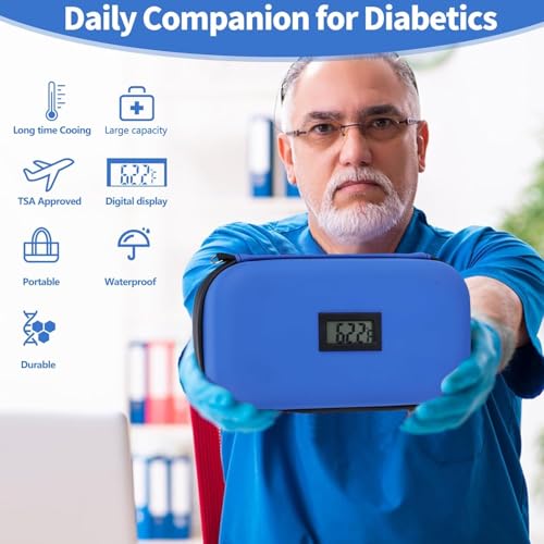 Image of Insulin Travel Organizer - TSA Approved Diabetic Medicine Storage Bag with Temperature Display and 2 Cooling Gel Packs (Blue.)