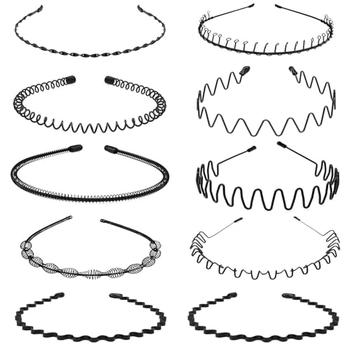 HUAZONTOM カチューシャ メンズ 9モデル10個 カチューシャ 痛くない 防錆メッキ 发箍 くし付き ヘアバンド メンズ 洗顔 波型 細め 滑り止め 前髪 固定 シンプル 男女兼用 部屋用 黒のサムネイル