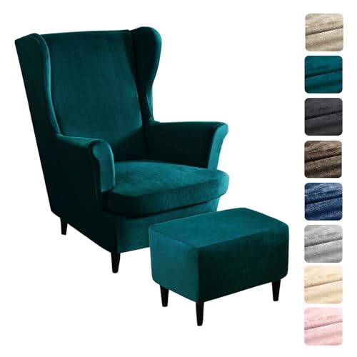 Alishomtll 3 Teilig Ohrensessel Überzug Mit Ottomane Schonbezug Stretch Samt Sessel-Überwürfe Elastisch Einfarbig Sesselhusse Strandmon Tiger Stuhlbezug mit Armlehne Hohe Rückenlehne (Turquoise)