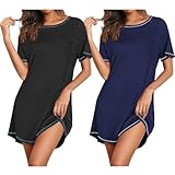 Ekouaer Nightgowns for Women 2 Pack Night Gowns Short Sleeve Sleepshirts Pullover Nightshirts Soft Sleepwear Black/Navy Blue Large