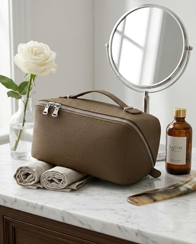 Image of EACHY Travel Makeup Bag, Lychee Leather Large Capacity Cosmetic Bag for Women, Open Flat Toiletry Bag with TPU Brush Compartment, Waterproof Skincare Organizer Travel Essentials