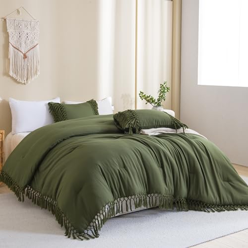 Image of Andency Olive Green Comforter Set Queen, 3 Pieces Boho Tassel Lightweight Soft Bedding Comforter Sets, All Season Fluffy Fringe Bed Set (90x90In Comforter & 2 Pillowcases)