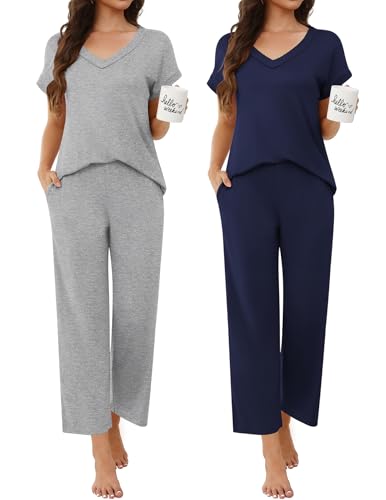 Ekouaer 2 Pack Pajama Sets for Women V Neck Short Sleeve Lounge Sets - image 1