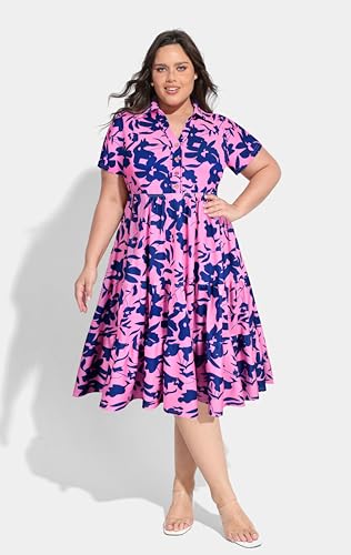 Image of CARCOS Plus Size Dresses for Curvy Women Collared Vneck Short Sleeve Dresses Midi Summer Ruffle Dress with Pocket XL-5XL