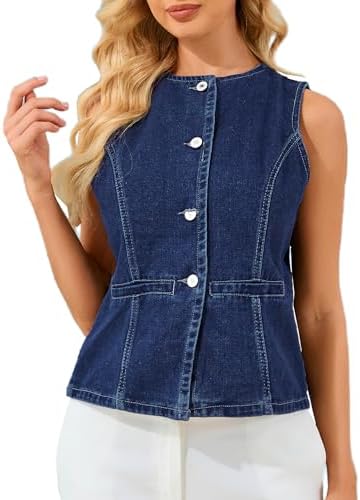 Denim Vest Women Jean Vest Top Sleeveless Crewneck Button Down Trendy Summer Waistcoat Suit Casual Y2K Crop Tank Top