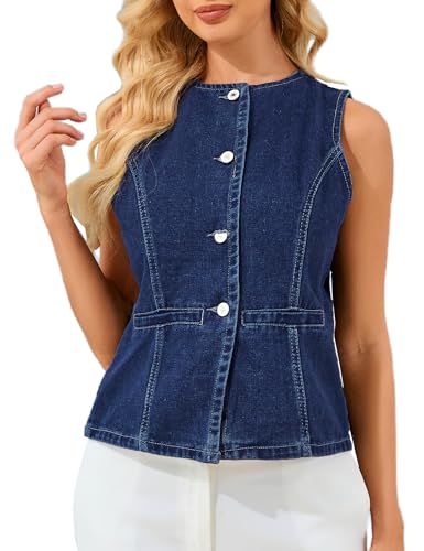 Denim Vest Women Jean Vest Top Sleeveless Crewneck Button Down Trendy Summer Waistcoat Suit Casual Y2K Crop Tank Top