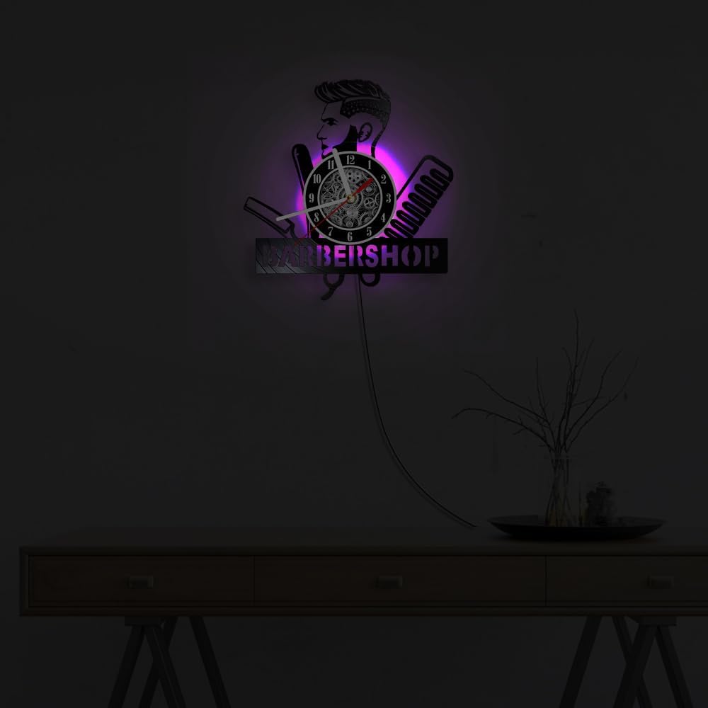 The Geeky Days Barber Shop Sign Vinyl Record Wall Clock with LED Light Barbers Pole Hair Salon Stylist Hair Tools Scissors Barber Shop Artwork Decor Laser Engraved Vinyl Record LED Lit Wall Clock