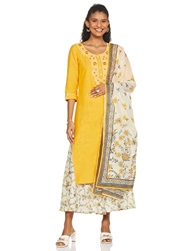 Image of Aurelia Women's Cotton Solid Round Neck Straight Kurta Set