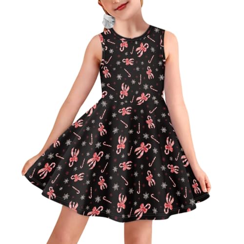 INSTANTARTS Black Candy Cane Girls Sleeveless Swing Dress, Soft Stretchy Crew Neck Holiday Outfit for Kids Casual Wear, Christmas Party, Daily School, Summer