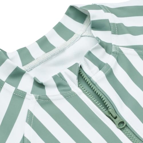 Image of Girls One Piece Swimsuit Zipper Long Sleeve Rash Guard Green Striped Sunsuit Seersucker Bathing Suit with Ruffle Butt