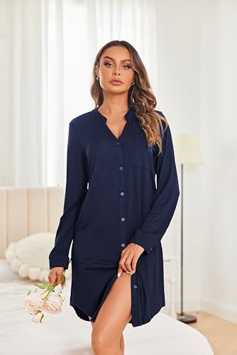 Ekouaer Womens Button Down Nightgown Long Sleeves Sleepwear V Neck Nightgowns for Women3