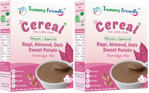 Image of TummyFriendly Foods Certified Organic Sprouted Ragi, Almonds, Oats, Sweet Potato Porridge Mix | Made of Sprouted Ragi Powder, Almond Cereal Organic. Sprouted for Calcium, Iron | Maximum Nutrition From Real Food | Available in Trial Packs too | Shelf-life 9 month | 200g