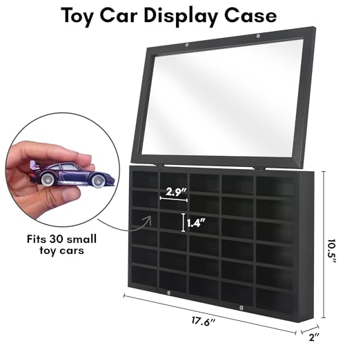 Image of Americanflat 11x18 Toy Car Display Case - Holds up to 30 Cars - Model Car Displays with Removable Shelves and Shatter-Resistant Glass - Wall Mounted Display Cases for Collectibles - Black