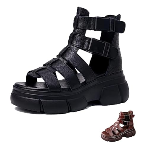 Optigard Women's Leather Platform Gladiator Sandals with Back Zipper, Open Toe Non-Slip High-Top Fisherman Sandals Comfortable Chunky Dress Party Roman Shoes - Main Image