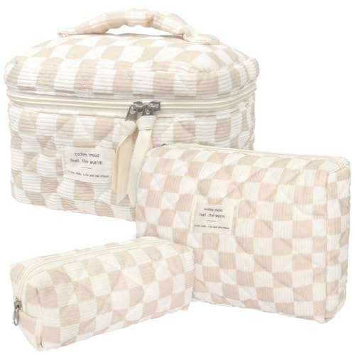 Cozomga Cute Quilted Makeup Bag Set, Large Travel Cosmetic Bag for Women, Big Make Up Bag with Toiletry Organizer, Aesthetic Storage for Daily Use & Travel