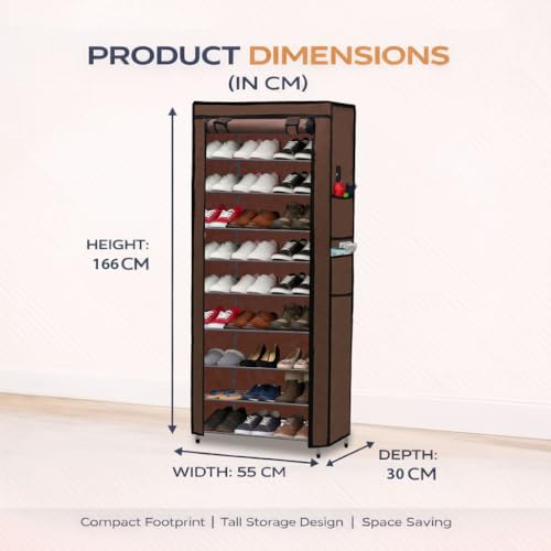 Image of Metal Shoe Stand with Cover, 9 Tier Shoe Organizer for Home & Office - Brown
