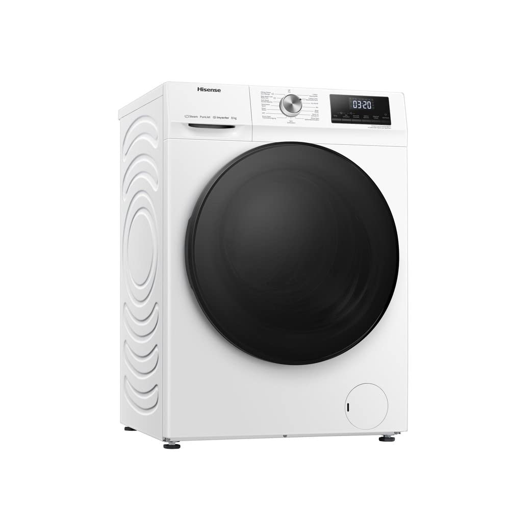 Hisense WFQA8014EVJM - Lavatrice con funzione di vapore, 8 kg/AquaStop/1400 giri/min, 15 programmi/inverter PowerDrive/tamburo in acciaio inox/sicurezza bambini/pulizia del tamburo/bianco
