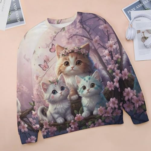WINKEEY Damen Sweatshirt mit Katzenmuster Katze Langarmshirt Süße Tier Drucken Sweatshirt Damen Ohne Kapuze Lustige Pullover,Katze9 XL