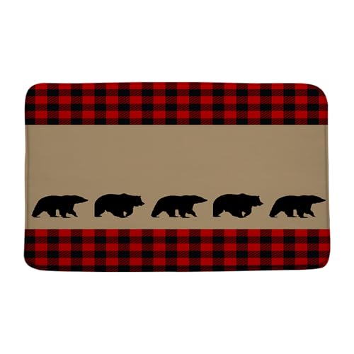 ZKJSMGS Black Bear Plaid Bath Rug Rustic Red Black Buffalo Check Cabin Wildlife Bear Vintage Farmhouse Brown Bath Mat for Bathroom Kitchen,18x30 Inch