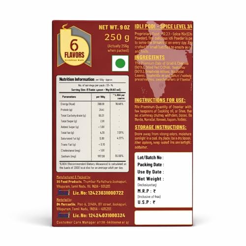 Image of 6Flavors Idli Podi Powder 250g | Chutney Powder | Podi Masala South Indian | Gunpowder Podi for Idli, Dosa & Rice | No Onion No Garlic No preservatives | Flavor: (Extra Spicy)