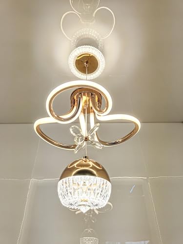 Image of swanart Elegant Gold and Crystal LED Ceiling Light, Adjustable Height Modern Chandelier with Crystal Globe Pendant, Ideal for Living Rooms, Dining Areas, and Bedrooms - 3-Color Change