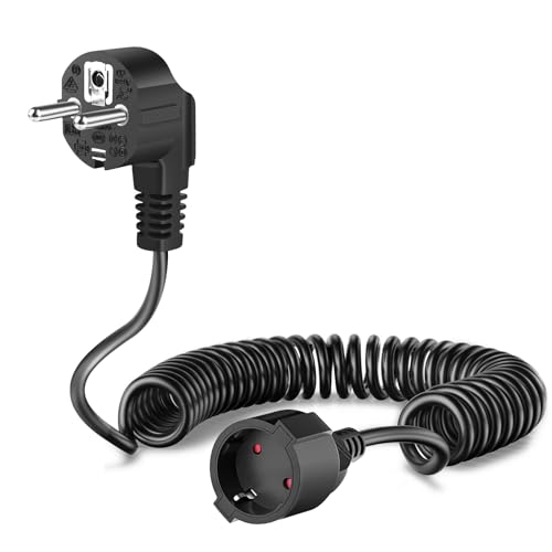 Rallonge spiralée Schuko extensible 0,6m à 3m - Câble IP20, 230V, 16A, 3 x 1,0 mm², noir